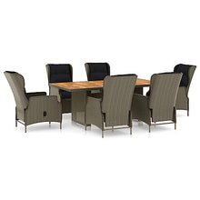 Coespram 7 Piece Patio Dining Set with Reclining Chairs, Brown Poly Rattan Outdoor Furniture Set with Acacia Wood Tabletop and 6 Cushioned Armchairs for Garden Backyard and Balcony