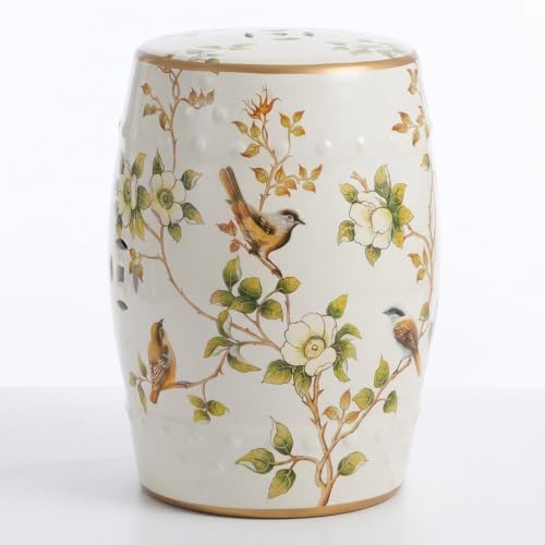 Labasuan Decorative Ceramic Garden Stool, Outdoor Patio Decor with Vintage Floral Pattern, Waterproof Durable Seat or Porcelain Drum Side Table, Indoor Outdoor Decorative Accent Piece(White)