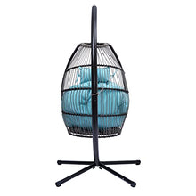 Hanging Rope Swing Seat Patio Wicker Folding Hanging Chair with Cushion and Pillow Rattan Swing Hammock Egg Chair with X Type Base and C Type Bracket for Indoor/Outdoor(Black+Blue)