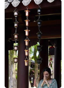 SDdPulse T2 Copper Rain Chains for Gutters, Roof Rain Catcher/Diverter, Unique Metal Link Rain Chain for Villa Temples (Copper 2.4m/8ft)