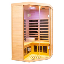 GDFStudio 47.24" 2 Person Hemlock Far Infrared Corner Sauna Large Glass Front Deluxe Transparent Cabin 1520W 7 Panel Heater 110V/120V APP Control Bluetooth Audio LED Light Spa Room
