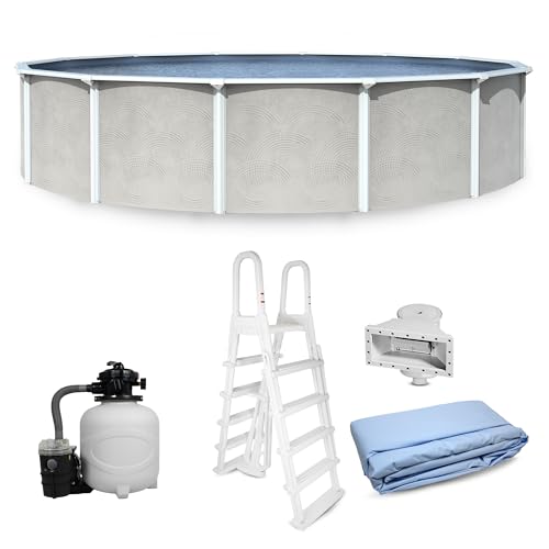 Blue Wave Belize 18-ft Round 52-in Deep Hard Sided Steel Frame Above Ground Pool with 6-in Steel Top Seats, 0.5 HP Sand Filter System, Ladder, Skimmer & Liner – 7,200-Gallon Capacity for Family Use
