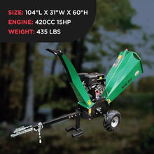 All Power America APWC420E Woodchipper Mulcher 15HP JD Engine 420cc Gas Powered Chipper Shredder 2000 RPM Double Edge Blades 6" Feed, Green/Black