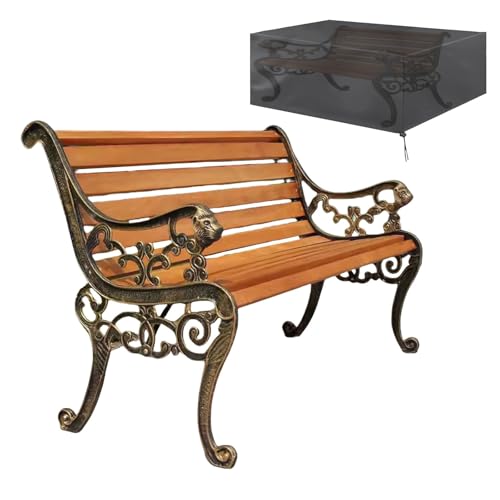 Mfallon Outdoor Garden Bench with Waterproof Cover, Patio Park Lawn Solid Wood Bench with Cast Iron Frame, Patio Porch Furniture Bench with Backrest and Armrests for 2-3 People(Antique Bronze)