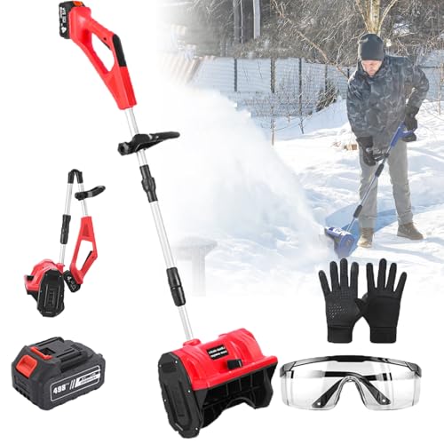 Electric Cordless Snow Blower, Home Snow Blower, Snow Thrower with Adjustable Handle and Length, Foldable storage for Snow Removal,Red-1Battery