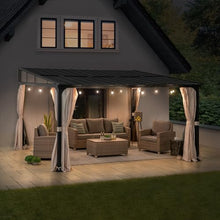 Sunjoy 12x14 ft Wall Mounted Gazebo with Powder Coated Steel Roof, Black Aluminum Frame, Curtains & Netting Black