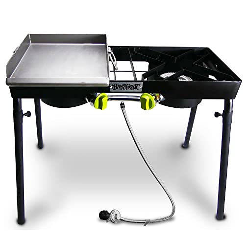 Bayou Classic Dual Patio Camp Stove w/Single Griddle Features Dual 6-in Cast Aluminum Burners 27-in Tall Cooker 13.5-in x 13.5-in Square Removable Griddle Perfect For Backyard Chefs Tailgates
