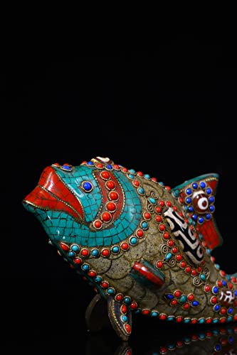 Generic 9" Tibetan Bronze Dzi Beads Carp Statue Ornament