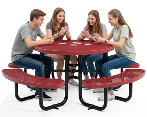 OUTTANS Commercial Metal Picnic Table (Red, 46in, Round, Expanded Steel)