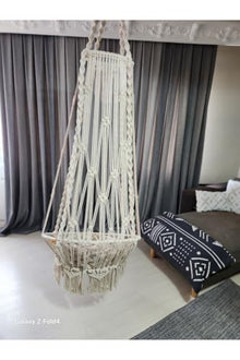 Macrame Swing Hammock Chair Special Weave 23.6 x 31.5 in Cotton Ecru Scandinavian Retro Style for Indoor Outdoor Use Max Load 220 lbs - Ecru Cream