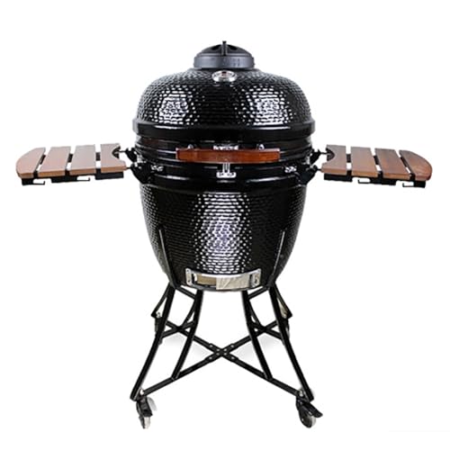 TT-YEL Large Charcoal Grill, Ceramic Grill on Wheels, with Thermometer, Lid, Storage Rack, Can Serve 8-10 People, Freestanding Camping Grill, Portable and Easy to Clean,Black