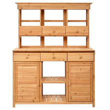 Roomfitters 66 Inch Tall Garden Potting Bench with Hutch and 6 Drawers, Fir Wood Storage Workstation, Natural
