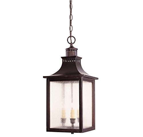 Savoy House 5-256-13 Monte Grande Modern Farmhouse Rustic Pale Cream Seeded Glass Outdoor Hanging Lantern, 3-Light 120 Total Watts, 23" H x 10" W, English Bronze
