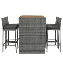 5-Piece Outdoor Wicker Bar Set with Acacia Wood Table and 4 Bar Height Chairs, Removable Cushions, Non-Slip Feet, Rope Secured Seating, Patio, Balcony, Garden, Poolside, Brown Wood Gray Wicker