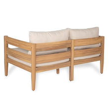 Christopher Knight Home Kayim Patio Loveseat Coffee Table Set with Curved Arm and Backrest, Acacia Wood Conversation Sofa Chat Set, Outdoor Furniture Set for Backyard Deck, Light Teak+Beige