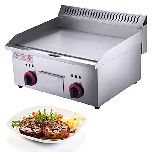 Gas Griddle LPG Commercial Stainless Steel Heavy Duty Restaurant Outdoor Griddle Gas Baking Plate Burger Grill Smooth Double Burners, 2800PA, for BBQ Cooking Steak, Eggs, Pancakes,718