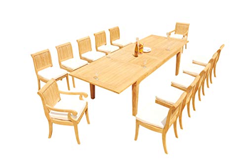 TeakStation 12 Seater Grade-A Teak Wood 13 Pc Dining Set: 122" Caranas Double Extension Rectangle Table and 12 Giva Chairs (2 Arm & 10 Armless Chairs) #31GV2913