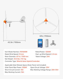 VEVOR 1200W 24V Wind Turbine Generator, 3-Blade Wind Turbine Kit with Wind/Solar Hybrid Controller, Efficient 3-Phase AC Permanent Wind Power Generator for RV Boat Home Farm (Tower Pole Not Included)