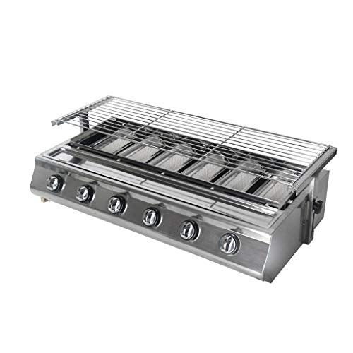 6 Burner BBQ Grill Stainless Steel Outdoor Roaster Stove Camping Courtyard Party Kebab Meat Glass Cover