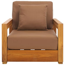 SAFAVIEH Couture - Montford Brazilian Teak Solid Wood Indoor/Outdoor Arm Chair, Brown Cushion, Low Profile Lounge Chair, 13" Seat Height, Patio Furniture (CPT1000C)