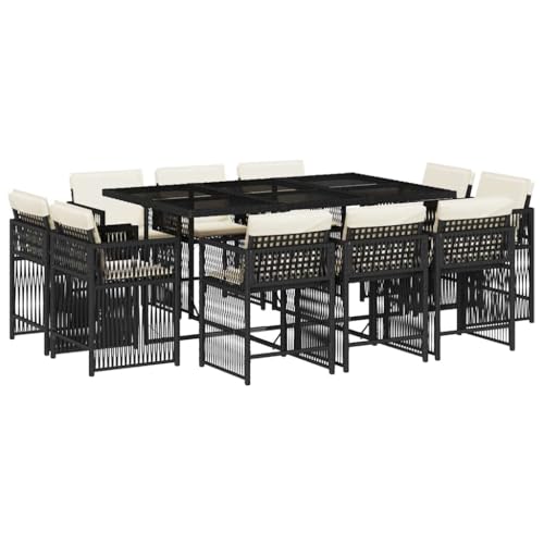 Kaorsrow 11 Piece Garden Dining Set with Rectangular Table and 10 Chairs, PE Rattan Outdoor Patio Furniture Set for 10, Black and Cream White Dining Furniture for Backyard Terrace
