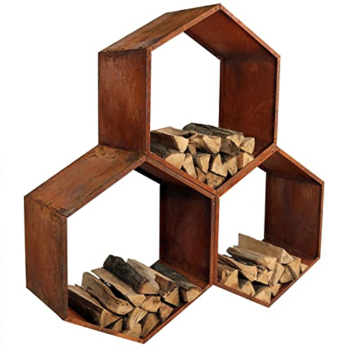 Sunnydaze Steel Outdoor Firewood Rack, 30” W, Hexagon, Bronze, Set of 3