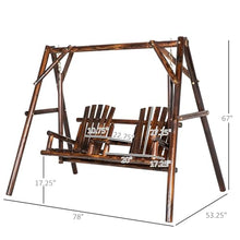 2-Seat Wooden Porch Swing with Stand, Outdoor Patio Swing Chair with Center Table & Adirondack Style Seats, Heavy Duty Solid Fir Log A-Frame, 650 lbs Capacity for Garden Backyard Deck