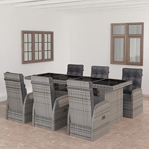 LKJVFCPW 7-Piece Outdoor Patio Dining Set with Reclining Chairs, Poly Rattan Garden Furniture Table and Cushion Set, Gray