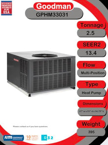 Goodman GPHM33031 2.5 Ton 13.4 SEER2 / 6.7 HSPF2 R-32 Packaged Heat Pump Air Conditioner – Individual Packaged Unit – Replaces GPHM33041