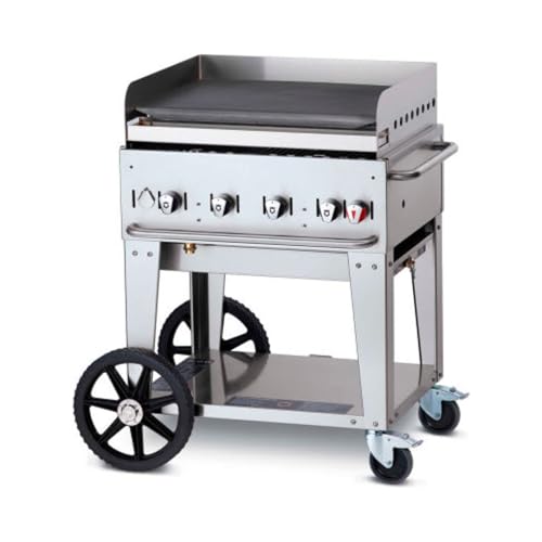 Crown Verity CV-MG-30-NG 38" Wide Natural Gas Mobile Griddle with 64 500 BTU/H 4 Burners 28" Cooking Surface Pro Griddle Plate with Stainless Steel Splash Guard and Removable Gr