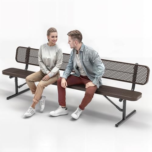 OUTTANS Heavy-Duty Outdoor Metal Bench (8 Ft - Portable with Back, Brown)