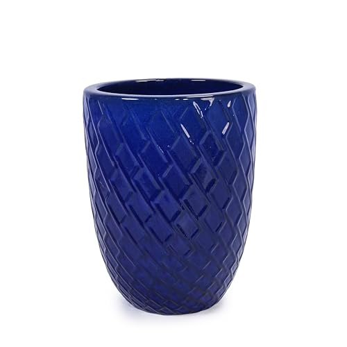 Glossy Ceramic Planter for Patio Garden Windowsill Herbs Flowers Outdoor Indoor Tall Plant Pot with Drainage Hole Thick Premium Glazed Clay Vessel Suitable for Small Trees Succulents (Dark Blue)