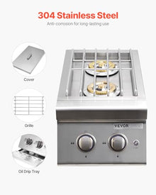 VEVOR Double Grilling Side Burners, 2 x 17,000BTU Liquid Propane Side Burner for Outdoor Kitchen, Convertible to Natural Gas, 304 Stainless Steel Built-in Double Burners with LED for BBQ Grill Island