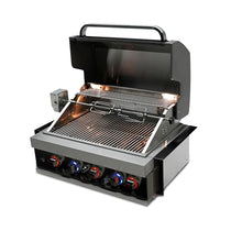 Mont Alpi Black Stainless Steel Outdoor Kitchen Island 32"W 4-Burner Built-in BBQ Grill + Accessories - Flat Top Griddle Hot Plate + Pizza Kit with Cutter & Stone + Spatulas + Tongs + Cleaning Brush