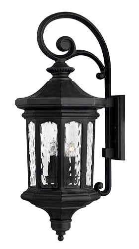 Hinkley Raley Large Wall Mount Outdoor Lantern, LEDs Included, Aluminum, Clear Water Glass Shade, Estate Series, Museum Black Finish