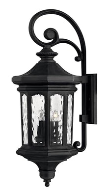 Hinkley Raley Large Wall Mount Outdoor Lantern, LEDs Included, Aluminum, Clear Water Glass Shade, Estate Series, Museum Black Finish
