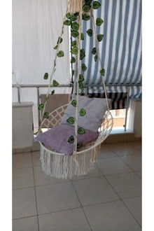 Macrame Hammock Swing Chair for Adults, Handmade Cotton Rope, 21.7 x 27.6 in Seat, 180-78.7 in Rope Length, 220.5 lb Capacity, Ecru Color, Scandinavian Style, Indoor/Outdoor Use, Includes Mounting Har