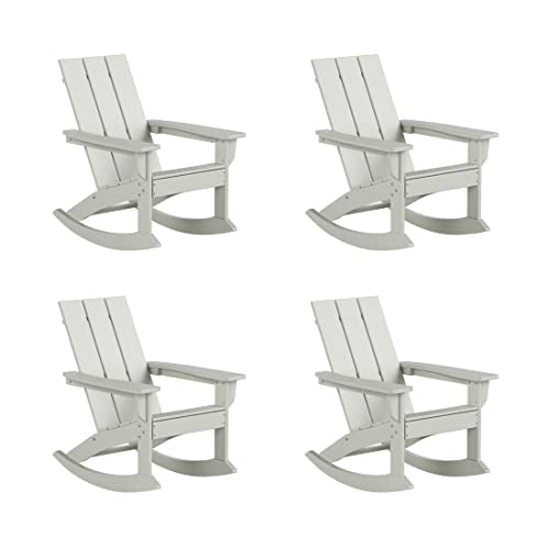 WestinTrends Ashore Patio Rocking Chairs Set of 4, All Weather Poly Lumber Plank Adirondack Rocker Chair, Modern Farmhouse Outdoor Rocking Chairs for Porch Garden Backyard and Indoor, Sand