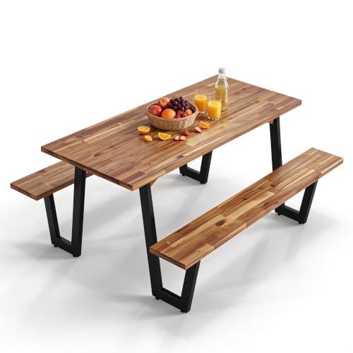 ORALNER Acacia Wood Picnic Table Bench Set w/2“ Umbrella Hole, 6-8 Person