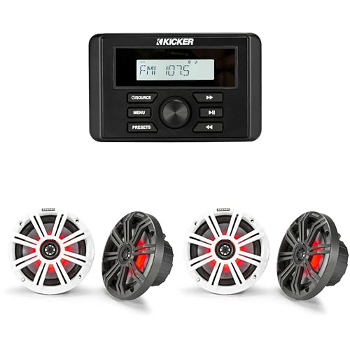 KICKER Marine Gauge-Style Source with (2 Pair) 45KM654L 6.5" LED Speakers Bundle