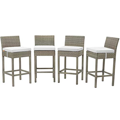 Contemporary Outdoor Patio Garden Bar Side Stool Chair, Set of Four, Fabric Rattan Wicker, White