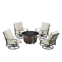 Oakland Living Black Aluminum Patio Fire Table Set with Four Club Chairs, Cushions, Ice Bucket and Wind Blocker