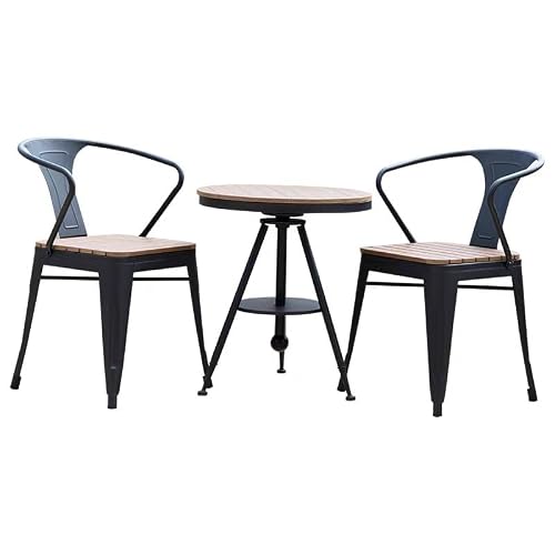 JOSOGO 3 Piece Patio Bistro Set, Outdoor Round Metal Table and Chairs with Wood-Like Top, Weather Resistant Industrial Dining Furniture with Armrests for Balcony, Black/White(Table Two Chairs,70A)