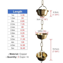 HCZKIUJ Brass Rain Chains for Gutters, 5 Cups per Meter, Hanging Rain Chain Rainwater Diverter with Hook, Antique Rain Gutter Downspout Chains (5m (16.4ft))