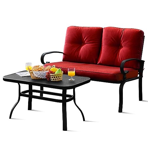 YWMLFZ 2PCS Patio Loveseat Bench Table Furniture Set Cushioned Chair Red