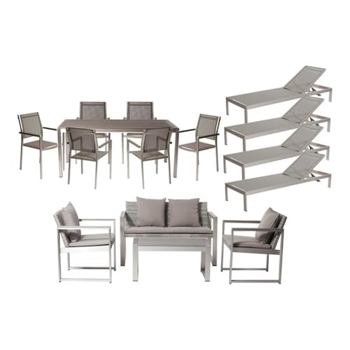 Pemberly Row 15-Piece Modern Aluminum Patio Sofa Set, Gray Finish, Includes Dining Table, Chairs, Loungers, Sofa, Coffee Table, Rust-Resistant Aluminum Frame, Outdoor Furniture for Patio or Garden