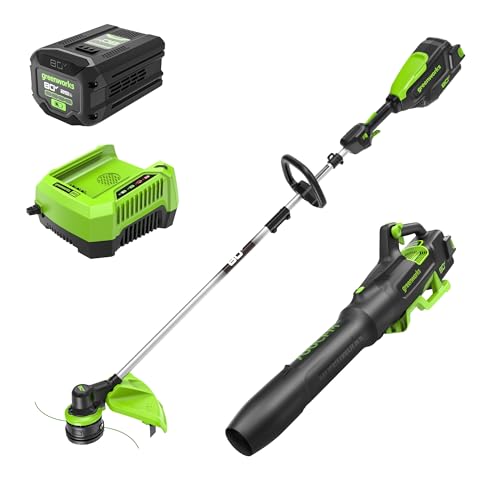 Greenworks 80V 16" Brushless Cordless String Trimmer and 700 CFM Leaf Blower Combo Kit, 2.5Ah Battery and Charger Included