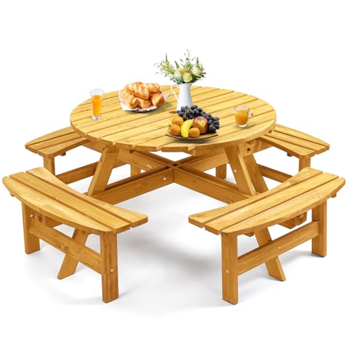 Zevemomo Round Picnic Table Wood for 8 People, Light Wood Color