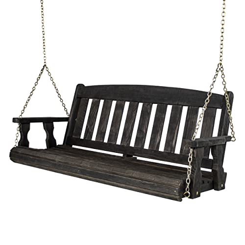 Amish Casual Heavy Duty Mission Treated Porch Swing, 6-Foot, Semi-Solid Black Stain, 8Ft Chains, Without Cups