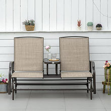 Kaimei Outdoor Glider Loveseat with Table, Metal Patio Bench for 2 People, Breathable Mesh Seats, Backyard Porch Seating